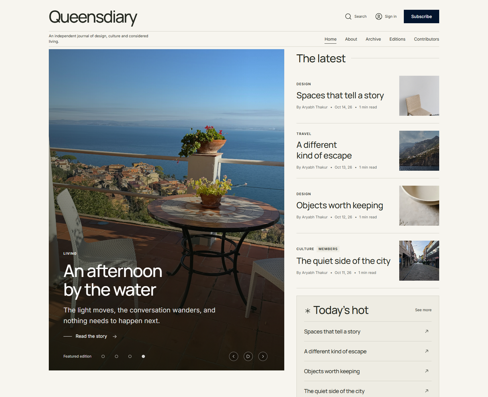 Queensdiary editorial homepage with a Mediterranean cover story and latest articles