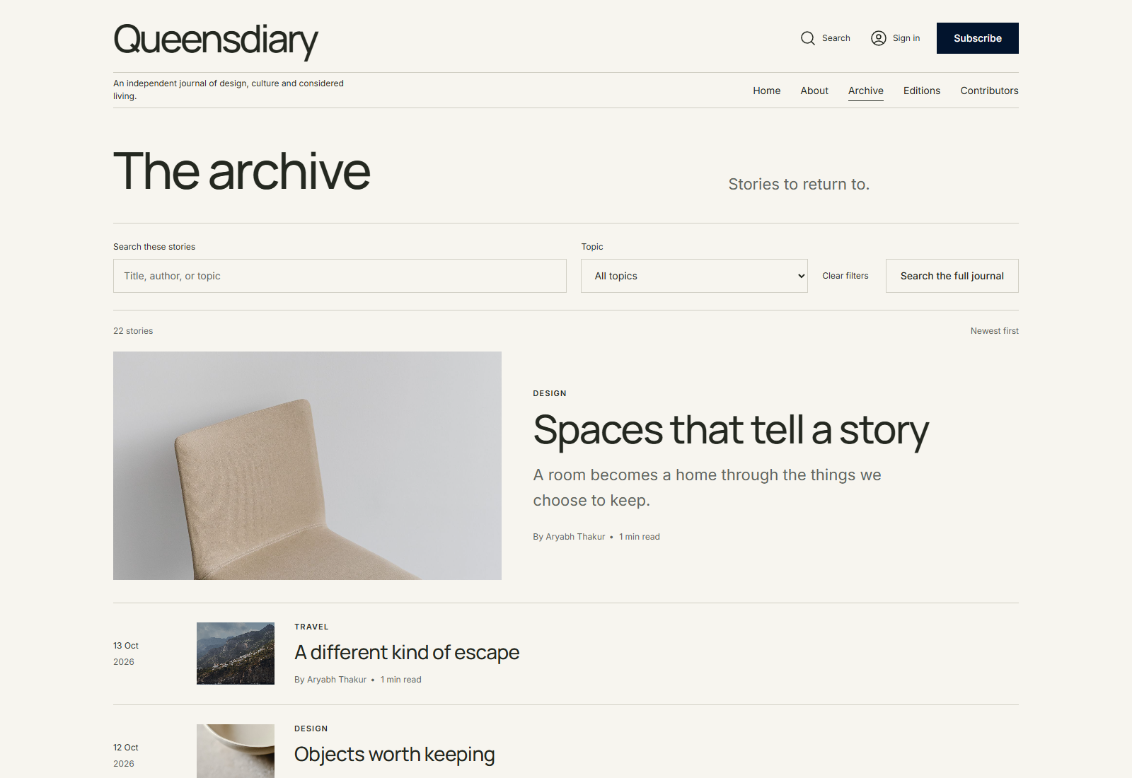 Queensdiary editorial archive with topic discovery and a story feed