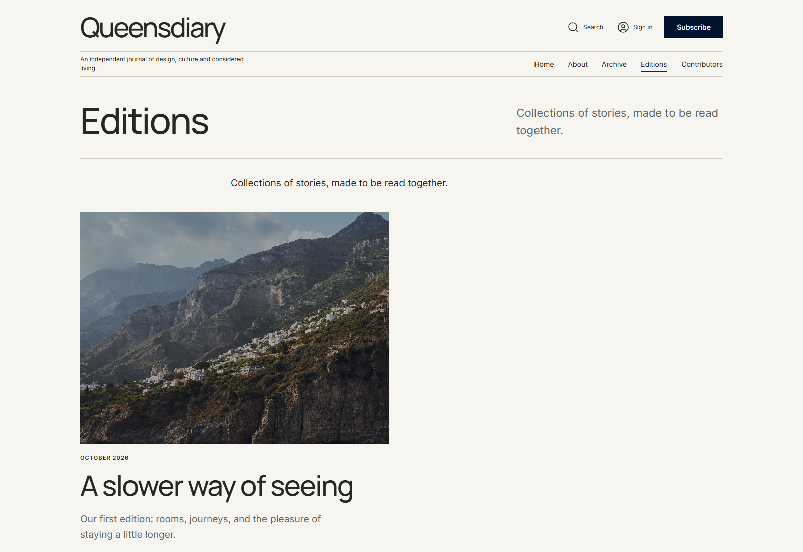 Queensdiary editions page collecting stories into curated magazine issues