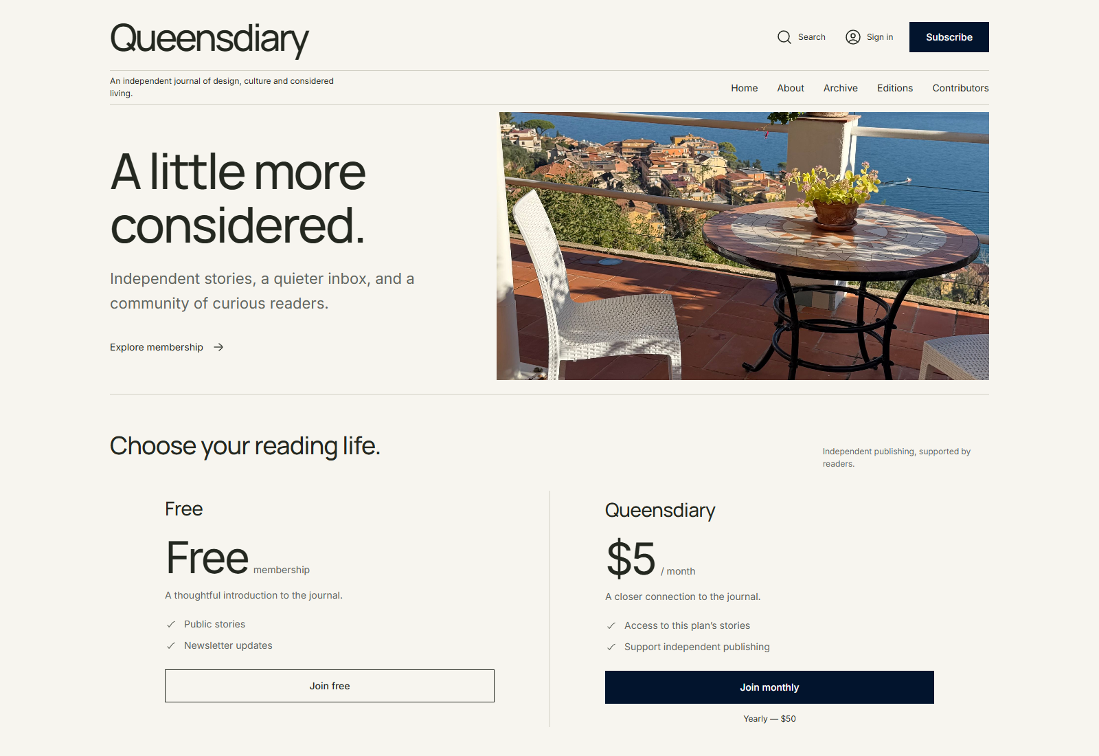 Queensdiary membership page with newsletter signup and reader subscription plans