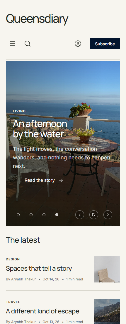 The Queensdiary homepage adapted for a phone